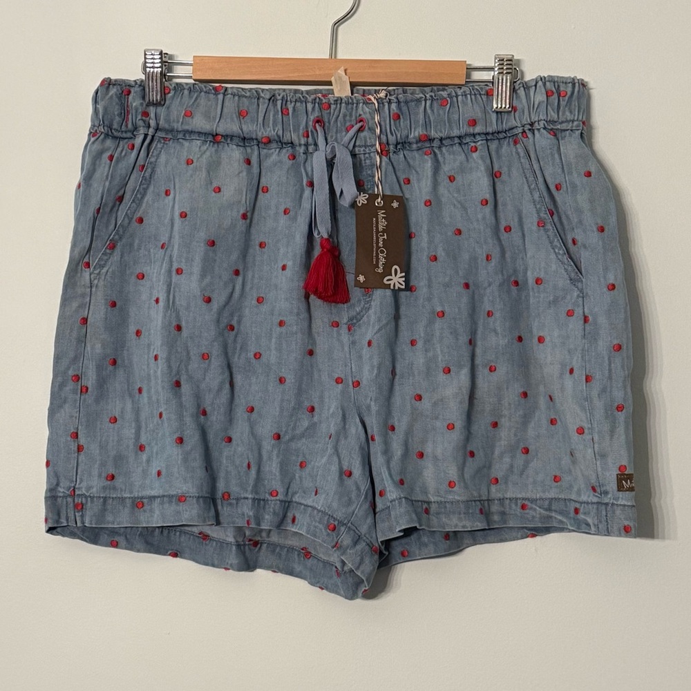 💙 Matilda Jane Cameron Chambray Dobby Shorts with red polka dots and red tassels